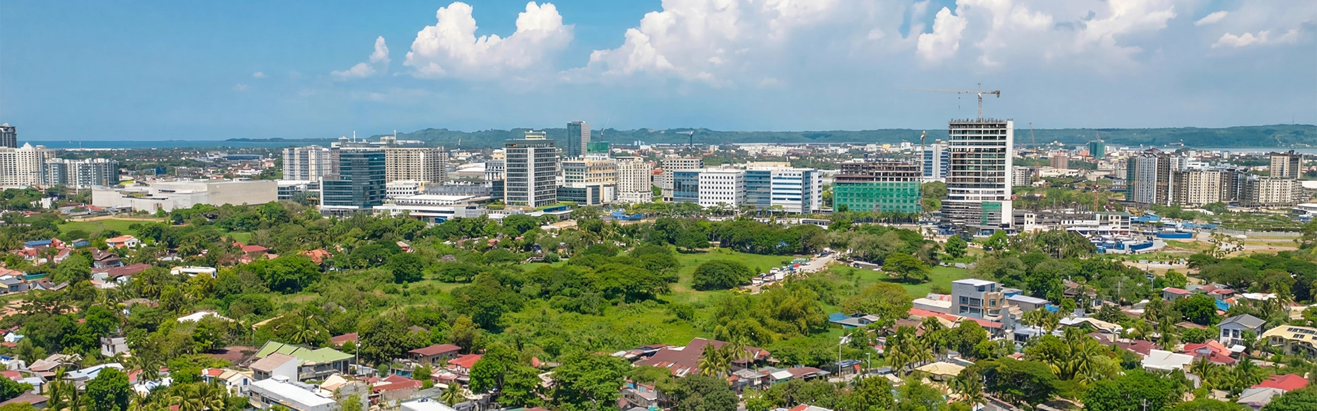 都市の街並みと青空を一望できる風景写真