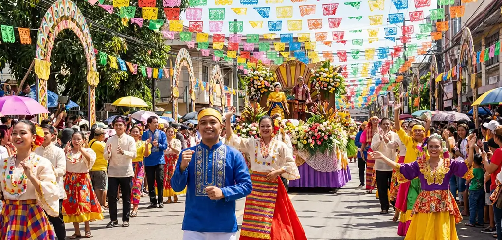 カラフルな装飾が施された通りで行われるフェスティバル