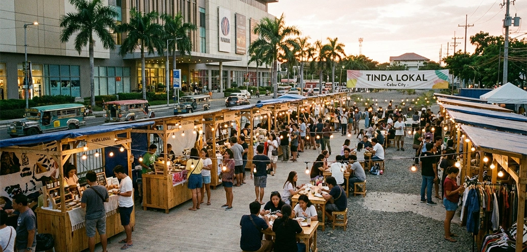 夕方の時間帯に営業する屋外マーケット