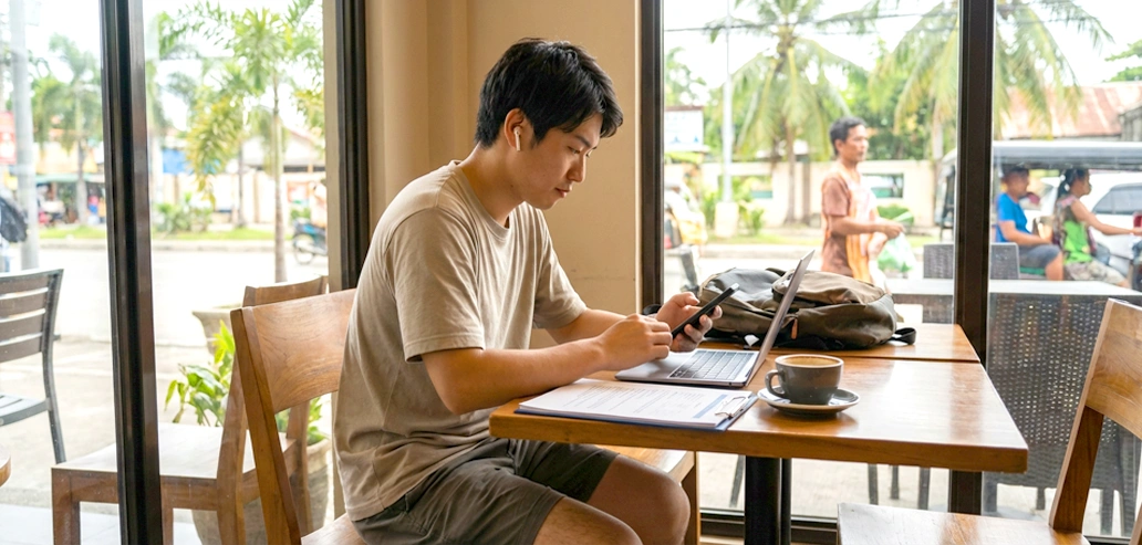 フィリピンのカフェでオンライン作業をする留学生