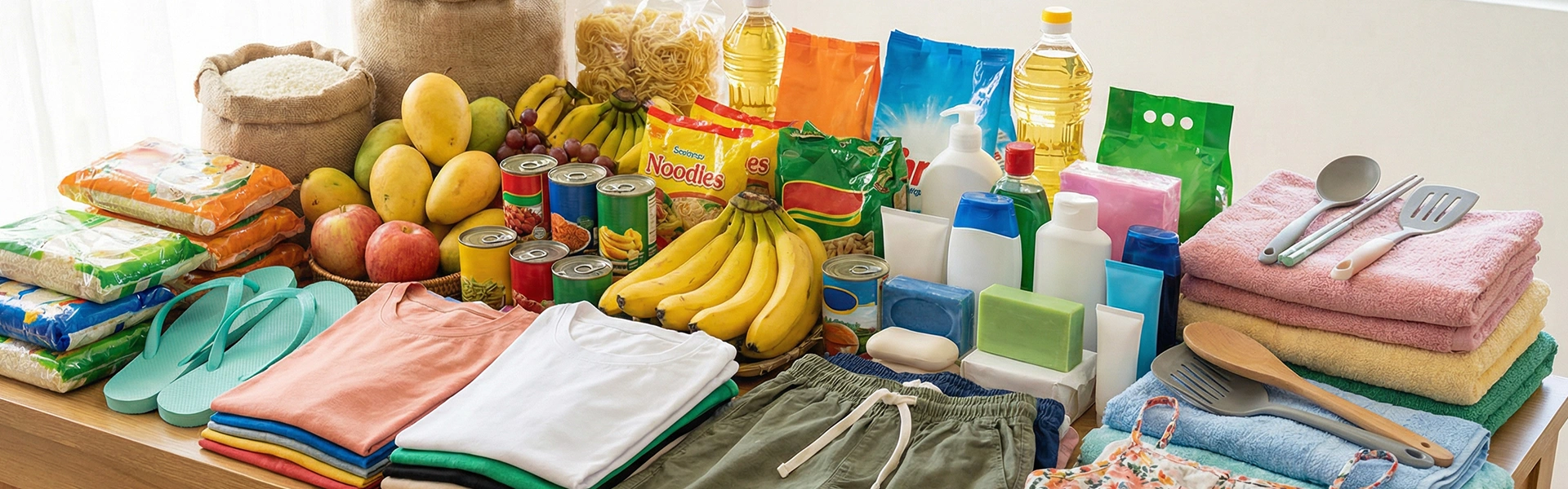 フィリピンの生活に必要な食料品や日用品（果物、野菜、洗剤、タオルなど）を並べたイメージ