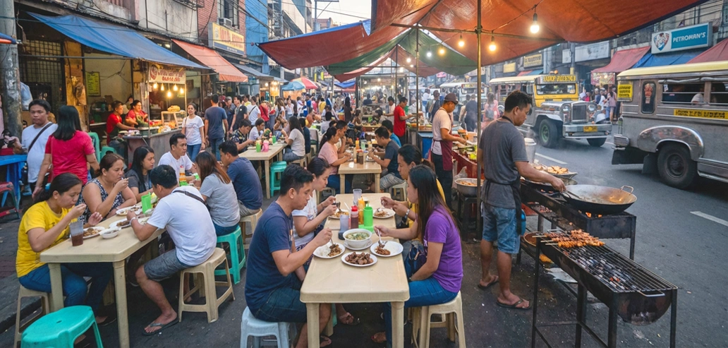 フィリピンのローカルマーケットで食事を楽しむ人々の様子