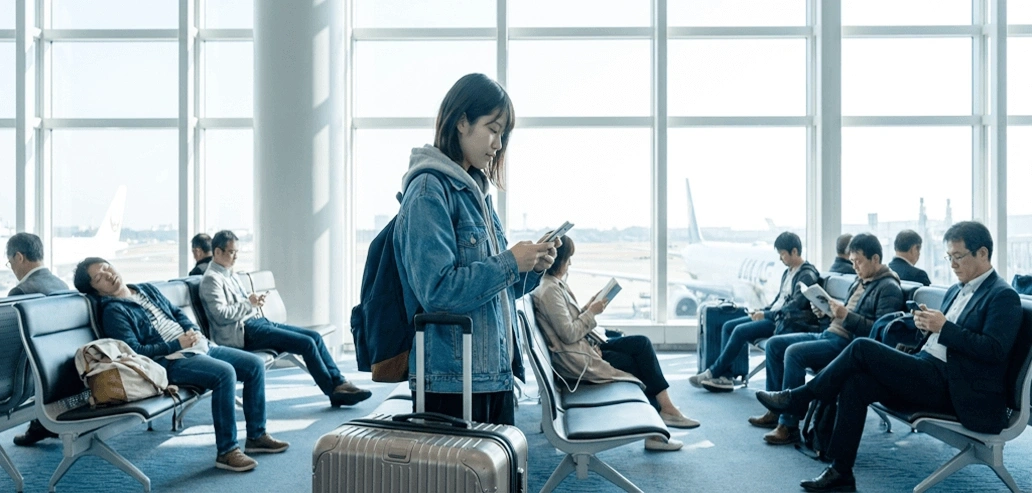 出発まで空港ロビーで待機している旅行者の様子