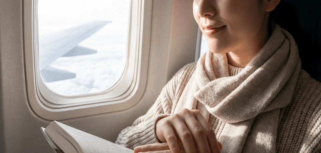 機内の窓側席で離陸を待つ乗客
