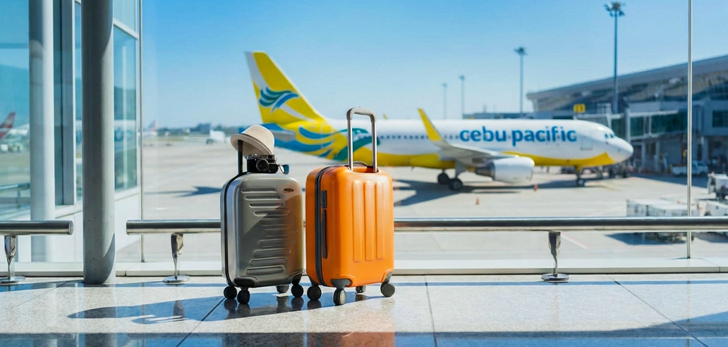 空港ロビーに置かれたスーツケースと出発を待つ旅行シーン