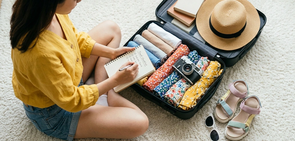 スーツケースを開いて旅行の荷物を整理している様子