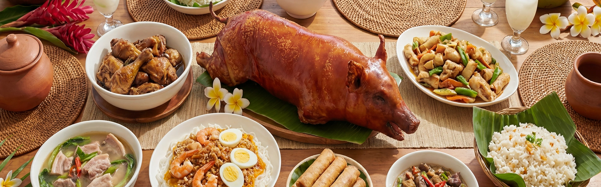 フィリピンの代表的な料理が並ぶ食卓の様子