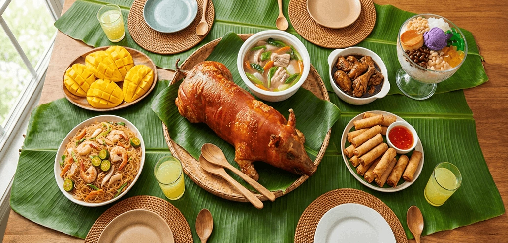 バナナリーフに盛り付けられたフィリピンの伝統料理