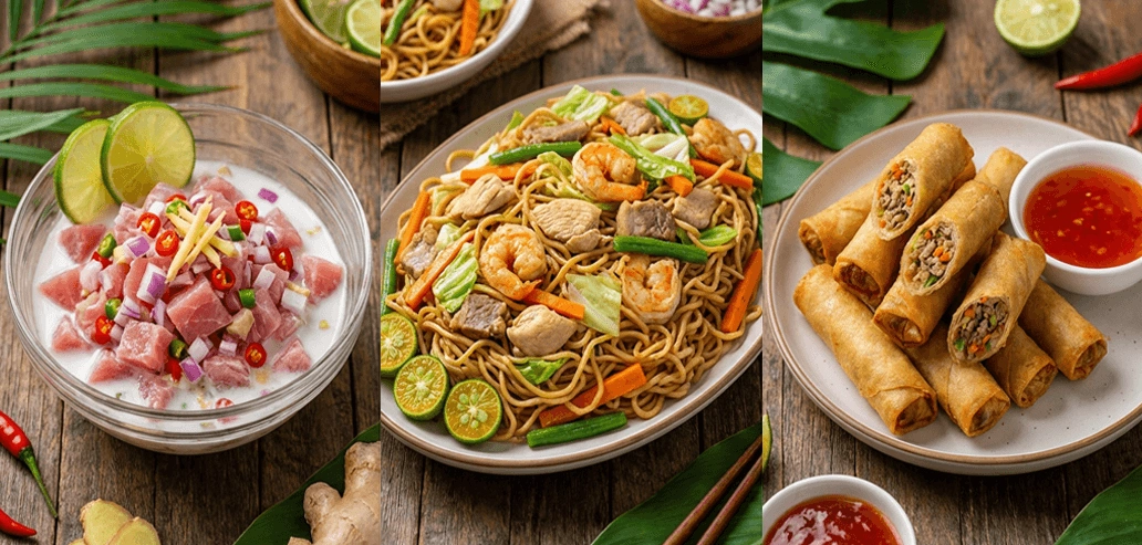 フィリピンの多彩な伝統料理の盛り合わせ