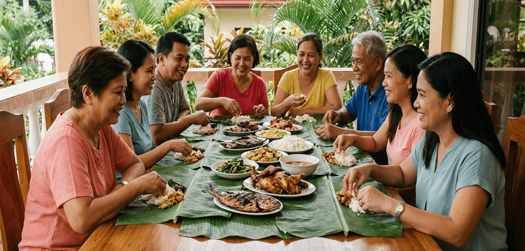 フィリピンで食事を楽しむ留学生と現地の人々