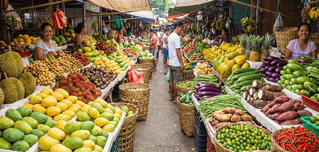 フィリピンの市場に並ぶ新鮮な野菜と果物