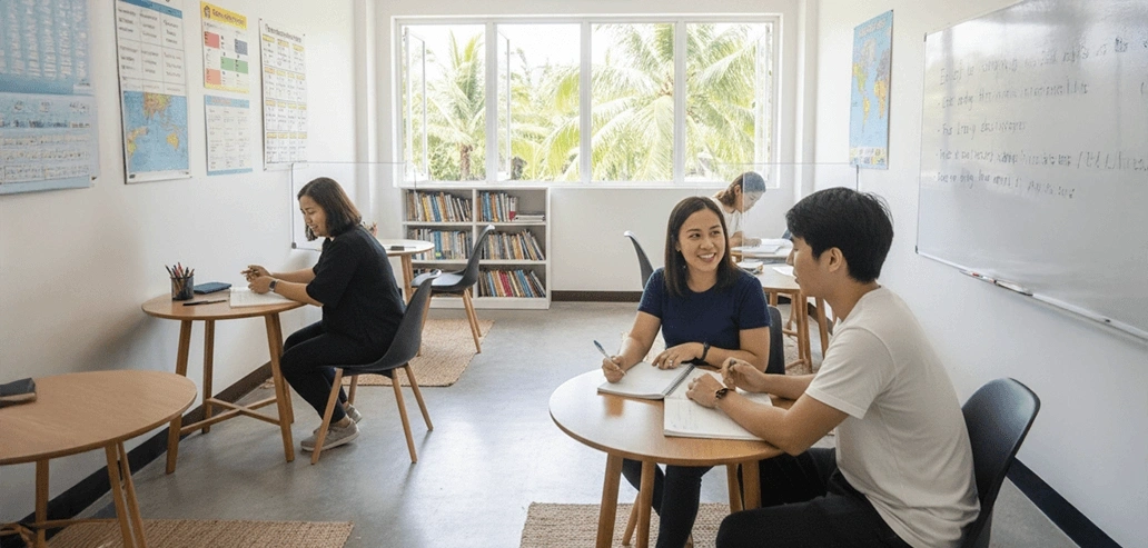 語学学校の教室で少人数クラスの授業を受ける留学生たち