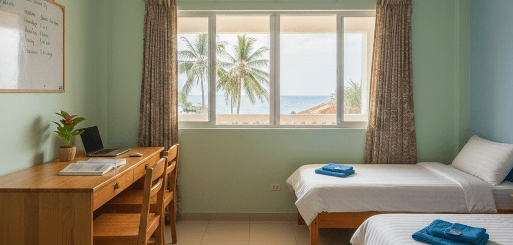 留学中の滞在先となる明るい個室の室内風景