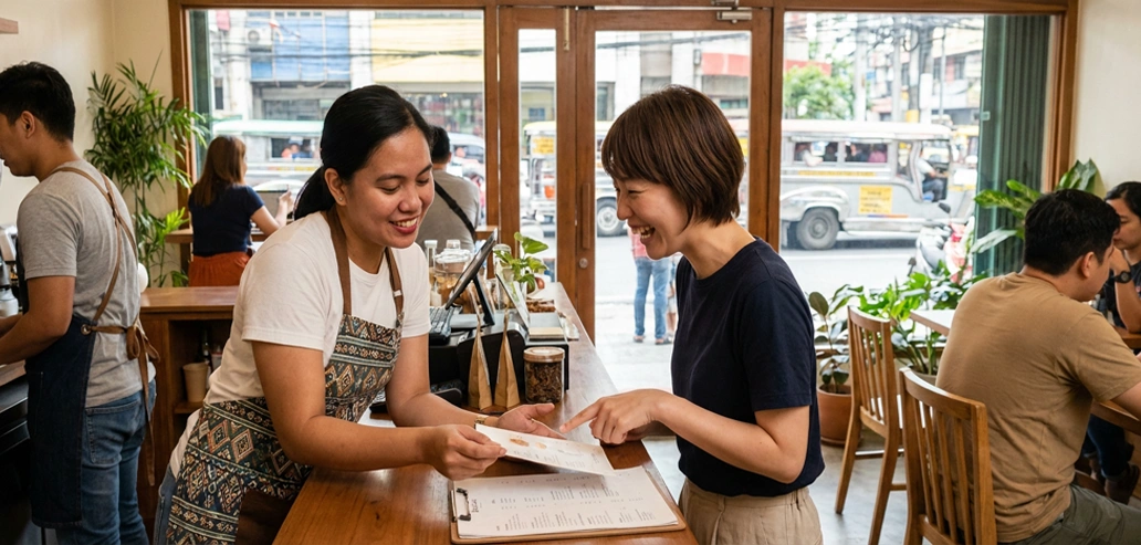 カフェで店員と会話をする留学生