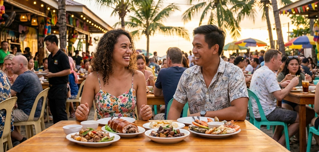 屋外レストランで食事をしながら談笑する人々