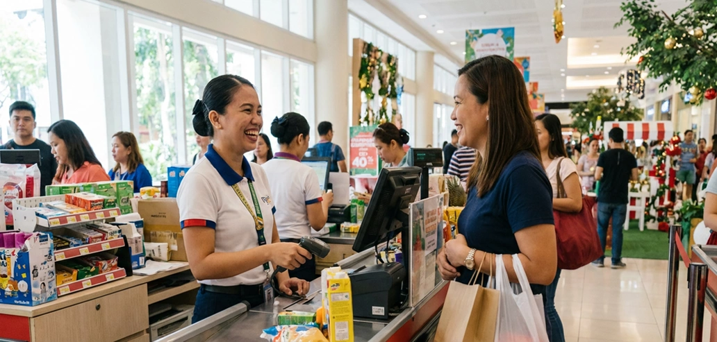 店内で英語を使って会話をする人々の様子