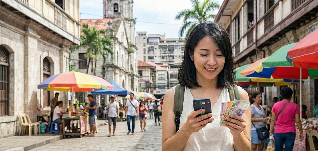 フィリピンの街中でスマートフォンを使う留学生のイメージ