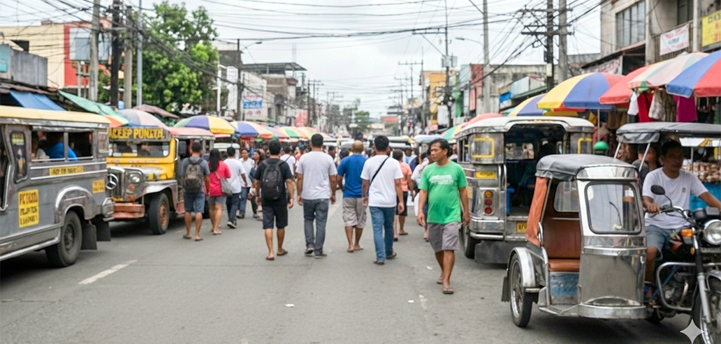 フィリピンの街中を走るジープニーと活気ある市街地の様子