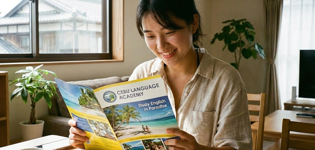 留学ガイドブックを読みながら学校情報を確認する女性