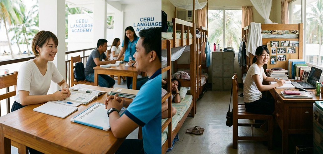 カフェで働きながら接客スキルを身学校スタッフとテーブルで留学プランを相談する様子と留学風景につける留学生の様子