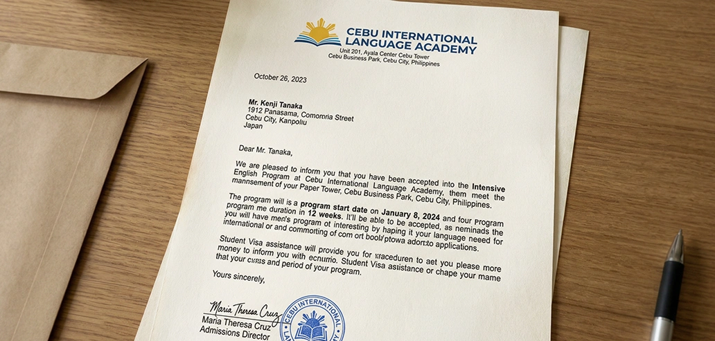 語学学校から発行された入学許可証の書類