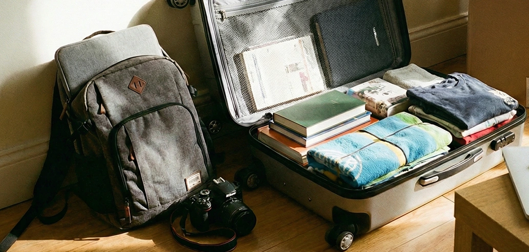 留学に向けてスーツケースに荷造りされた持ち物一式