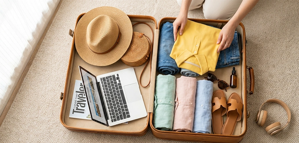 スーツケースに衣類やノースーツケースに衣類やノートパソコンを整理して詰めた旅行準備の様子トパソコンを整理して詰めた旅行準備の様子