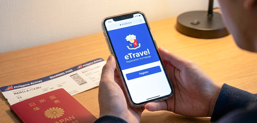 スマートフォンで海外向けサービスを確認しながらパスポートを準備している様子