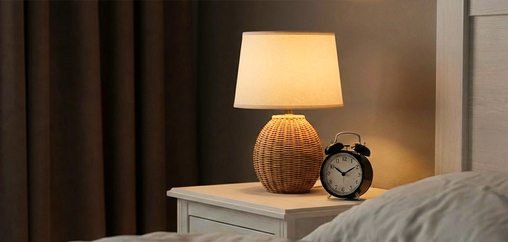 寝室のベッドサイドに置かれたランプと時計