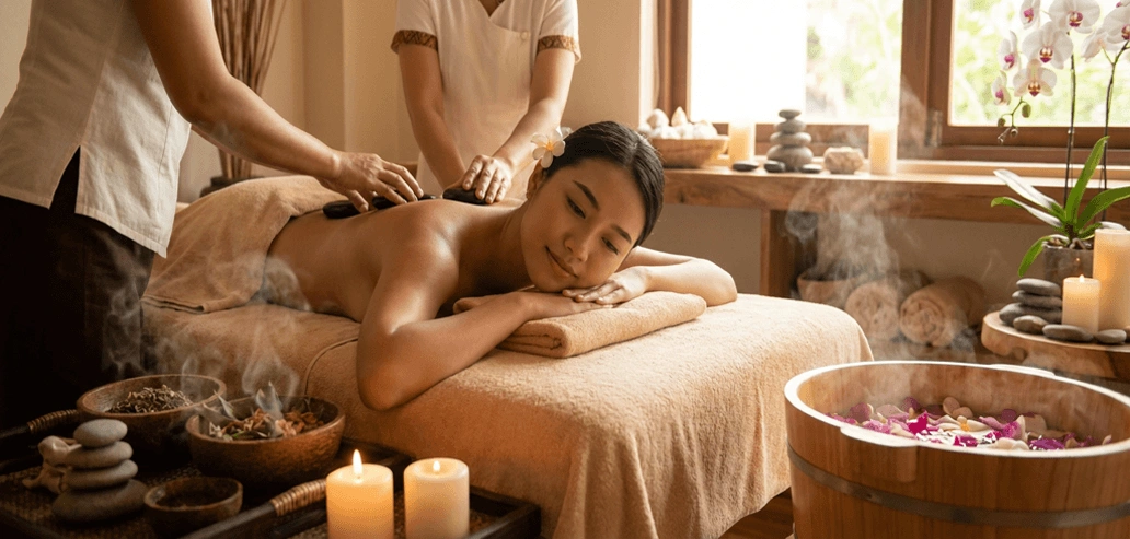 南国リゾートのスパで本格的なマッサージを体験する留学生