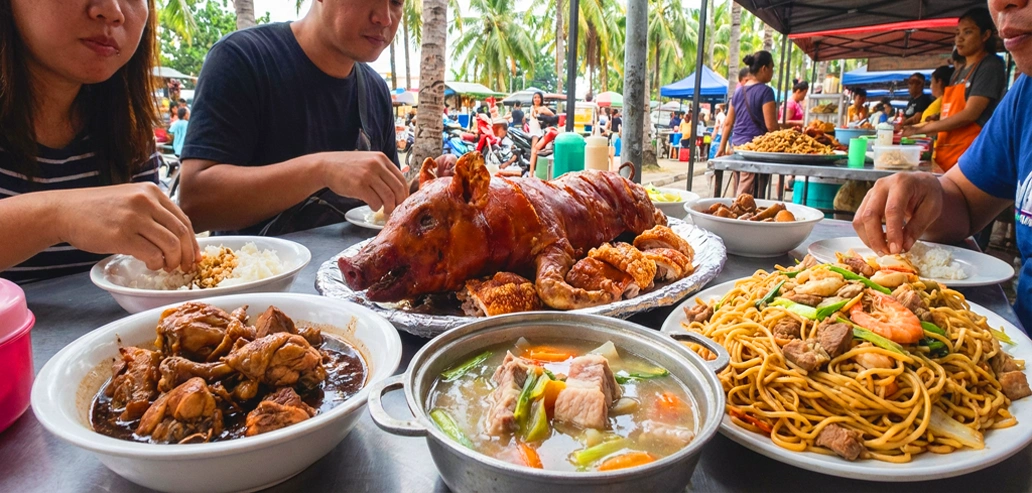 テーブルに並んだフィリピン料理を囲んで食事を楽しむ人々
