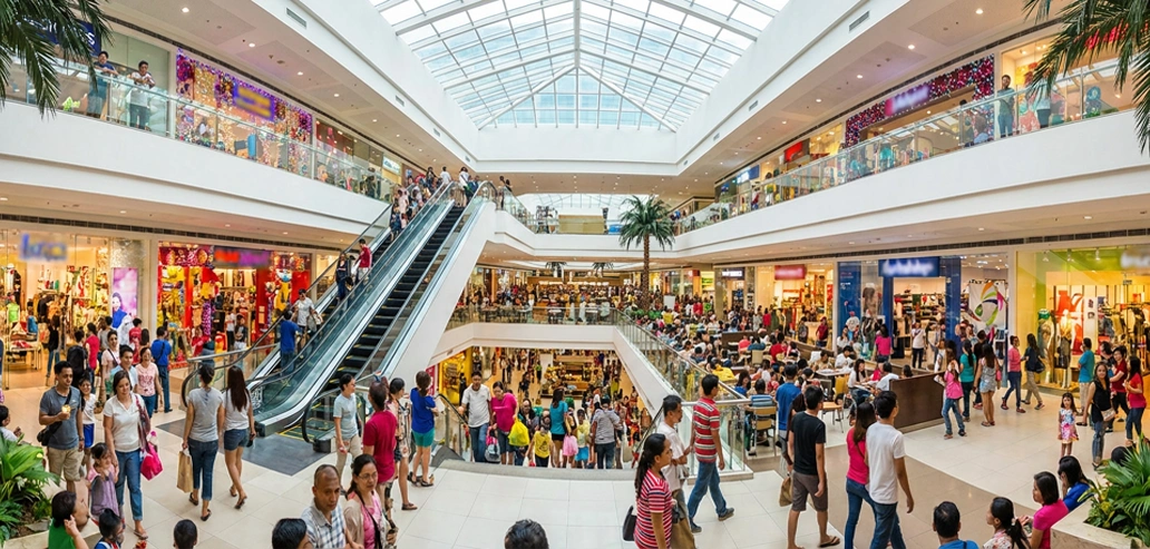 多くの人で賑わう大型ショッピングモールの内部