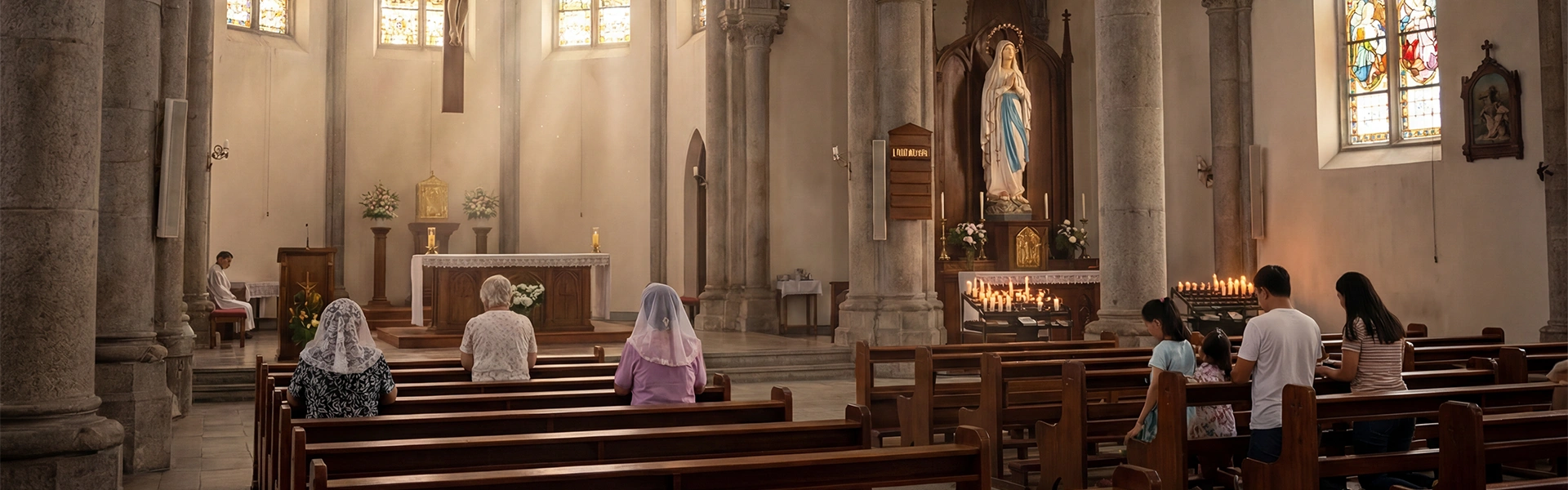 荘厳な教会の内部で祈りを捧げる人々の様子