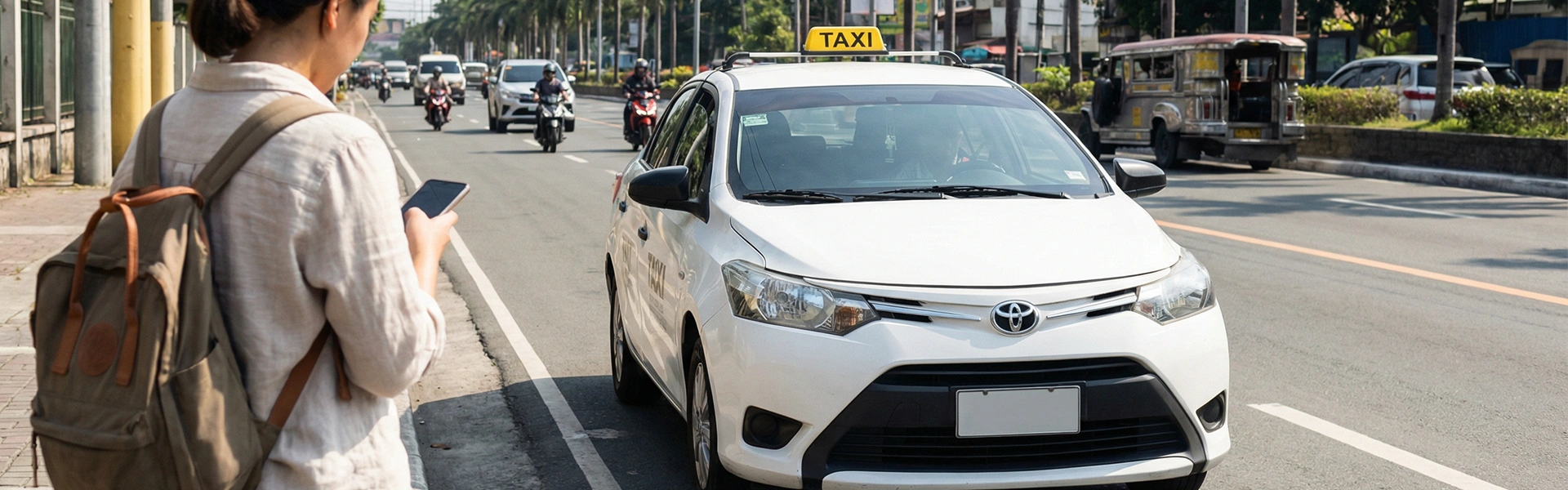 フィリピンの市街地でタクシーを利用しようとする旅行者