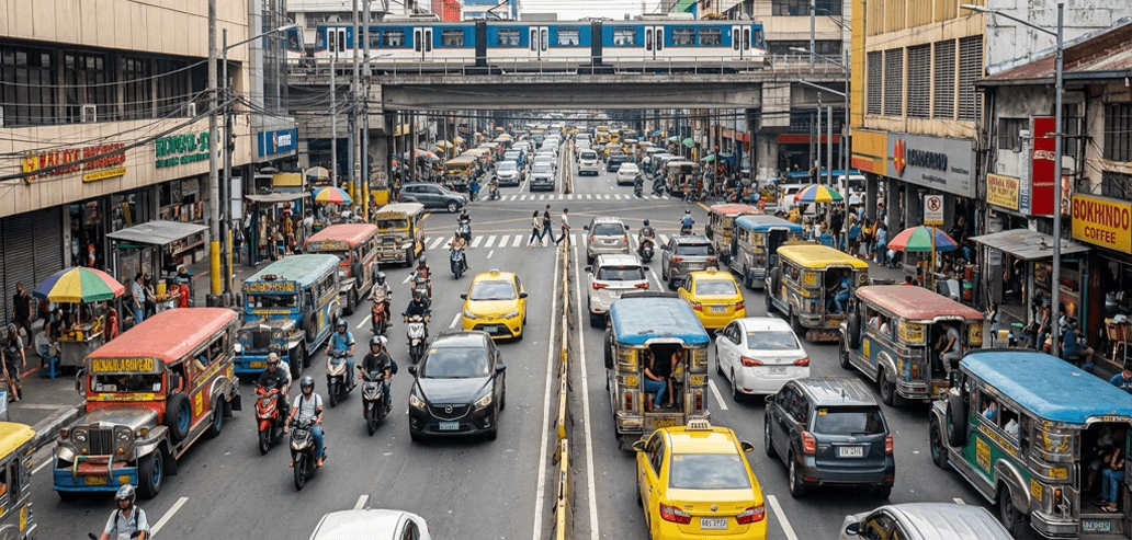 フィリピンの都市部で見られる交通渋滞の様子