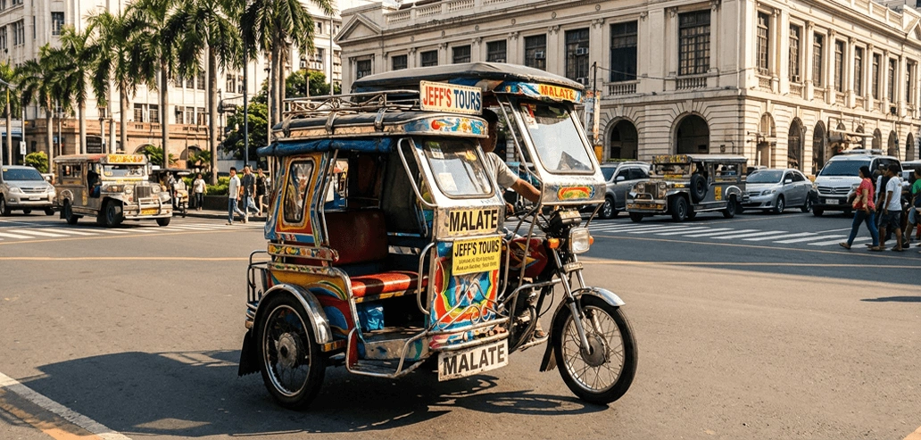 フィリピンの街中を走るトライシクル（バイクタクシー）