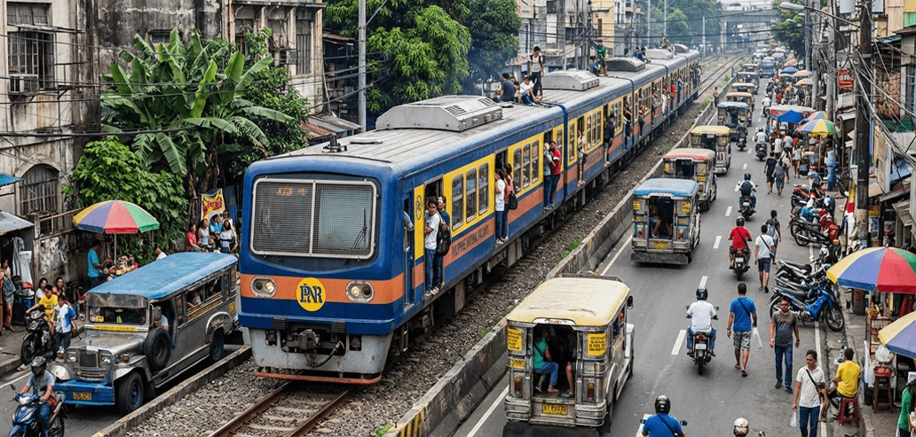 フィリピンを走る電車と周辺の交通風景