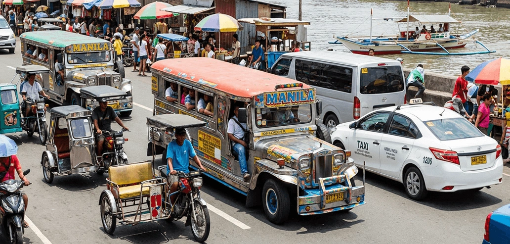 フィリピンの交差点で混在するさまざまな交通手段
