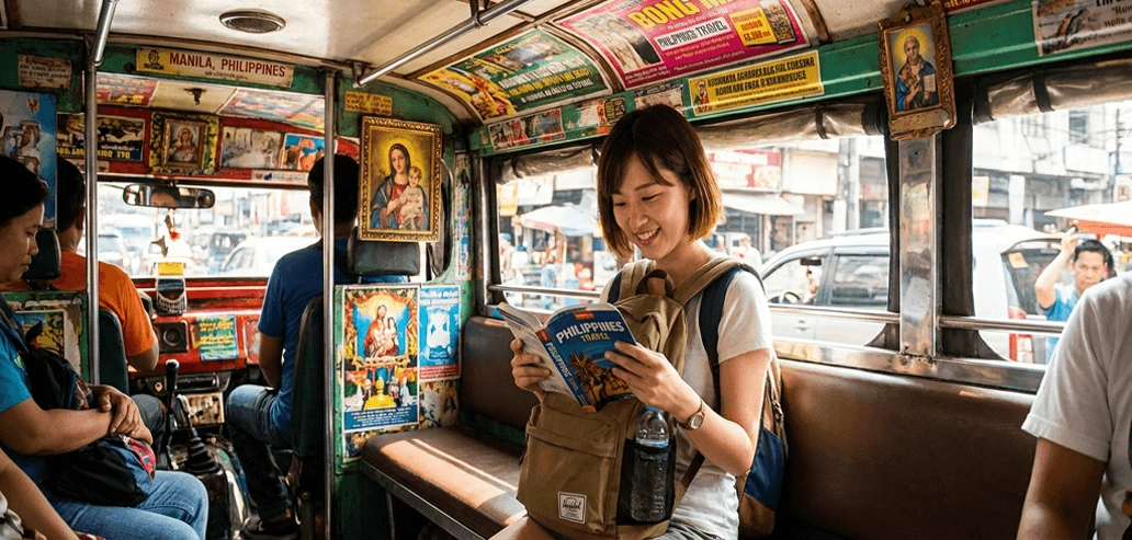フィリピンのジプニー車内で移動する乗客の様子