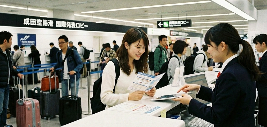 空港のチェックインカウンターで旅行保険加入手続きを行う様子