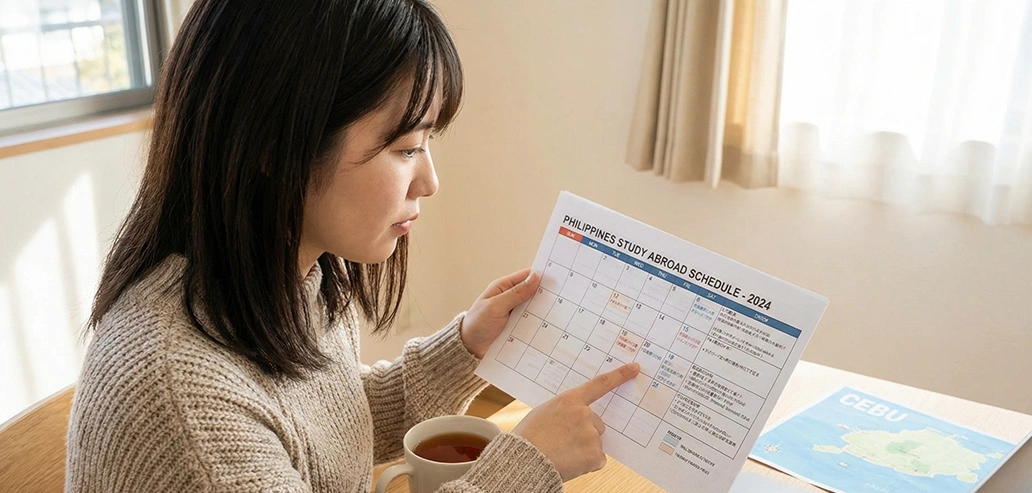 留学先到着後の案内書類を確認する女性