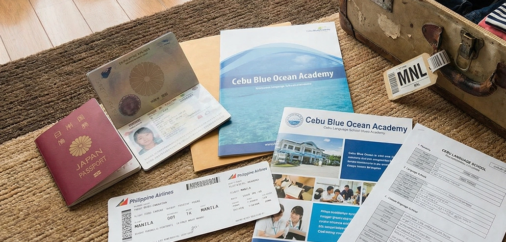 留学に必要な書類やパスポートをまとめた持ち物一式