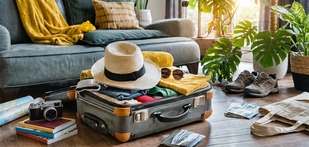 スーツケースに衣類や帽子、小物を詰めている旅行準備の様子