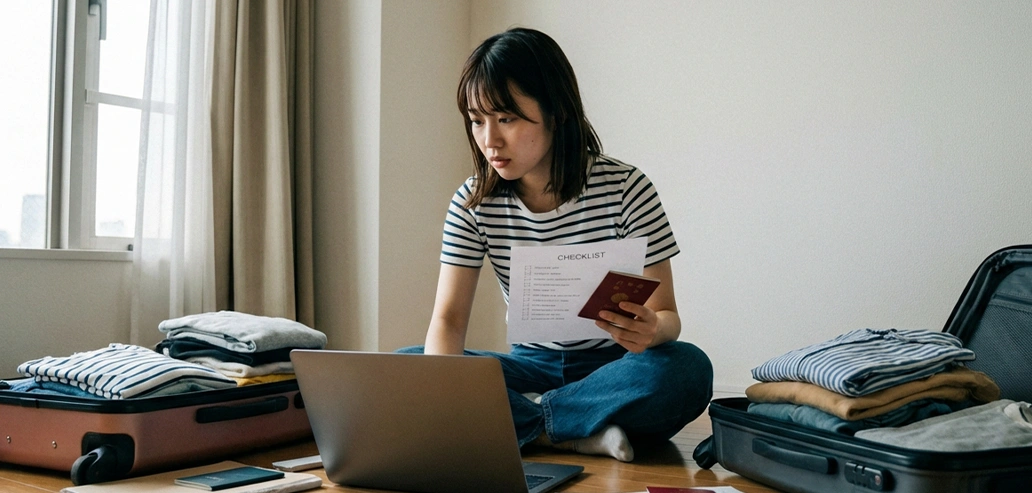 ノートパソコンを使いながらスーツケースの準備を確認する女性