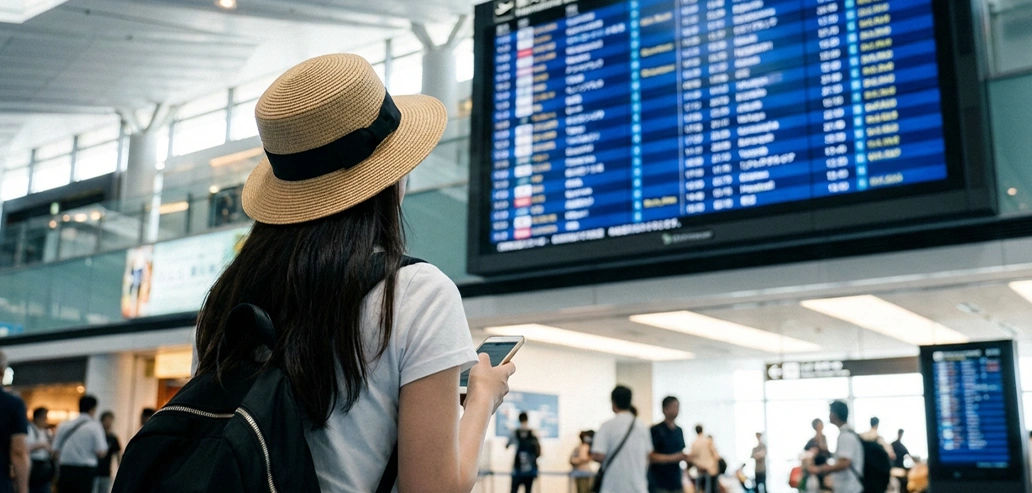 空港の出発ロビーでフライト情報掲示板を確認する旅行者の後ろ姿