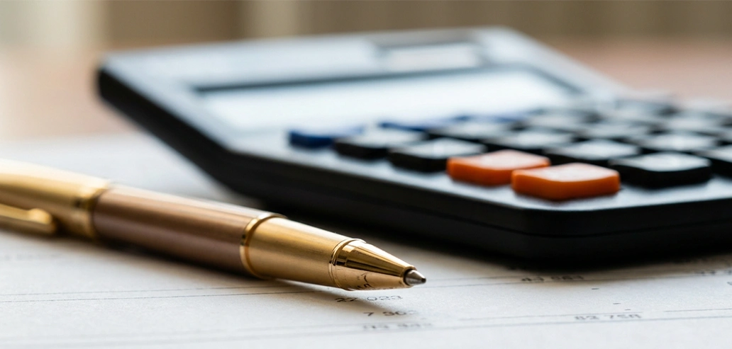 電卓とペンを使って留学費用を計算する様子