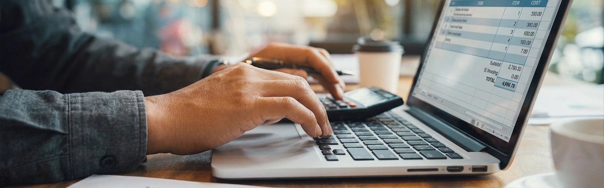 ノートパソコンと書類を使って費用確認をしている様子