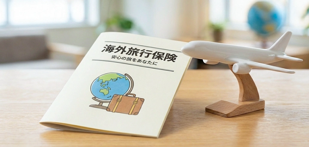 旅行保険証券と飛行機の模型が置かれたデスクのイメージ