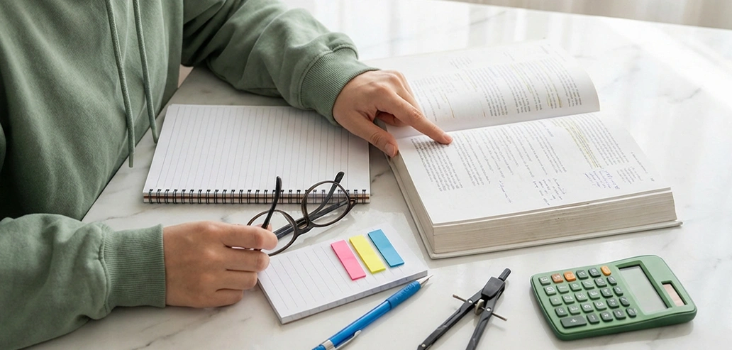 ノートにメモを取りながら留学予算を計画する手元