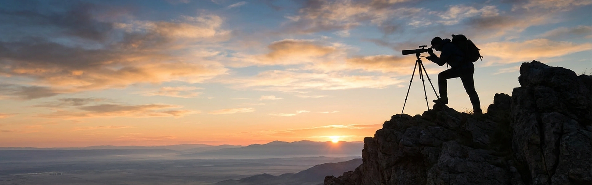 夕焼けの中でカメラを構える人物のシルエット